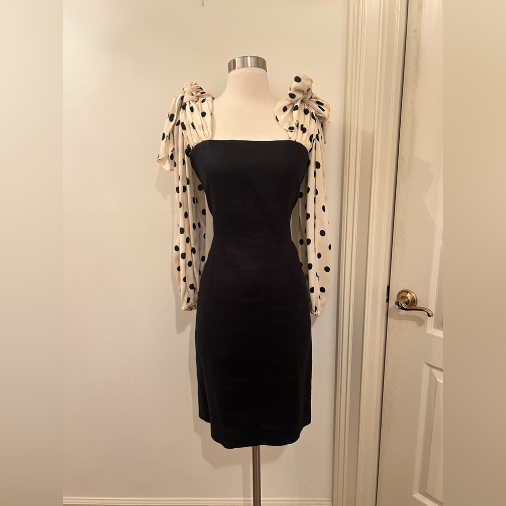 Oscar de La Renta Black and White Polka Dot Sleeve Midi Dress